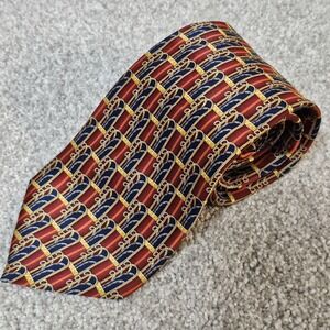 Lanvin Paris 100% Silk Tie Red Blue Gold Geometric Scroll Pattern Made in France